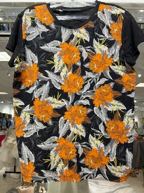 PROENZA SCHOULER Women’s Black Silk & Cotton Floral Tee with Orange Blooms